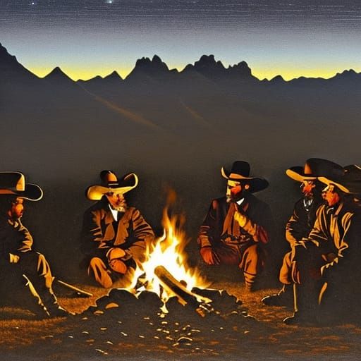 Cowboy Wizards Campfire at Night in Western Art Style