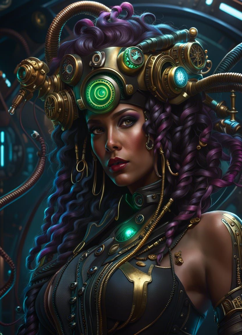 Steampunk Medusa in Cyberpunk Style Digital Painting