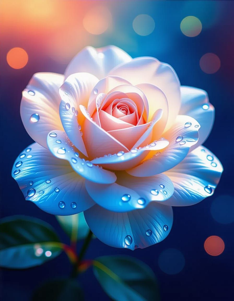 Mother-of-Pearl Rose with Rainbow Droplets on Cosmic Backgro...