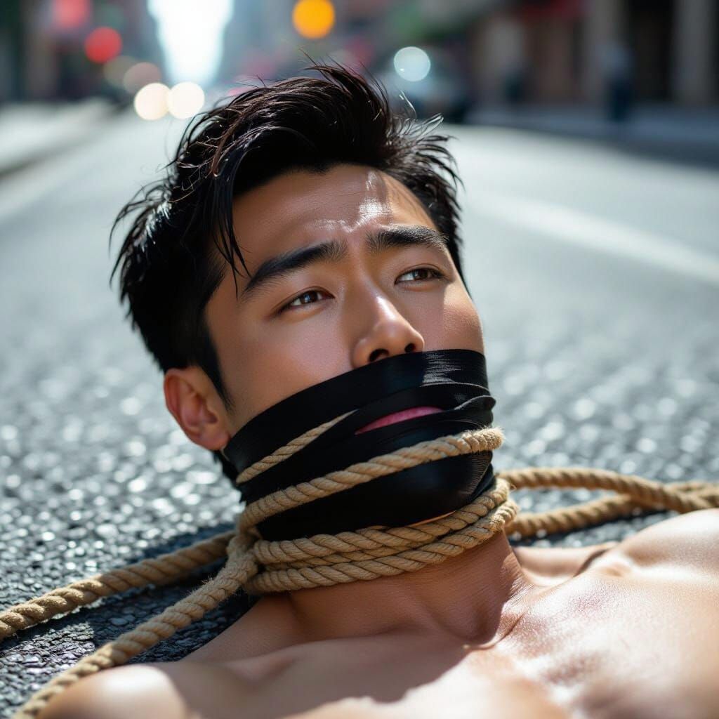 Asian Man Bound on Street in Film Noir Style