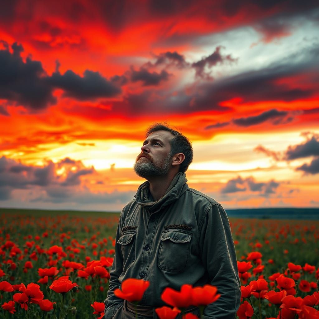 Mature Man Stares Out at Burning Dawn Sky Over Poppy Field