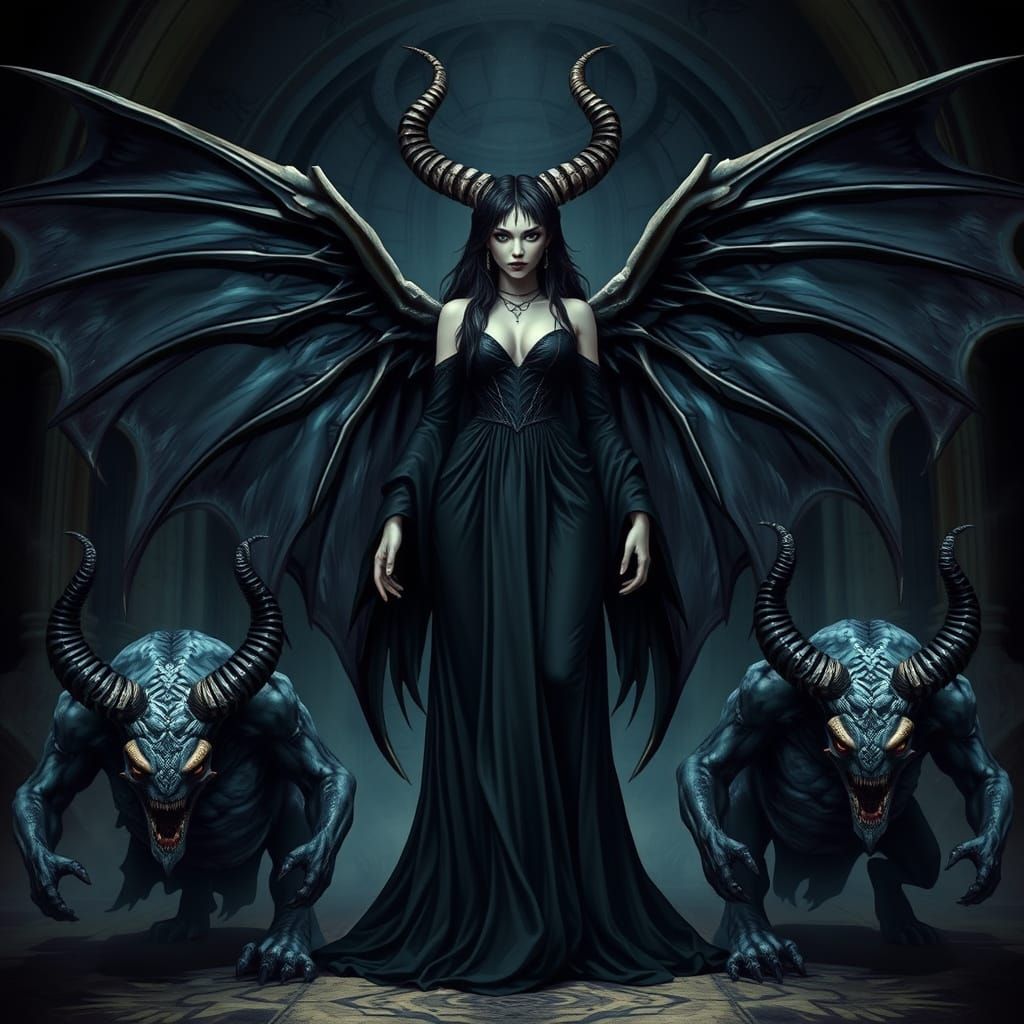 Mysterious Female Figure with Horns and Wings Dominates Dark...