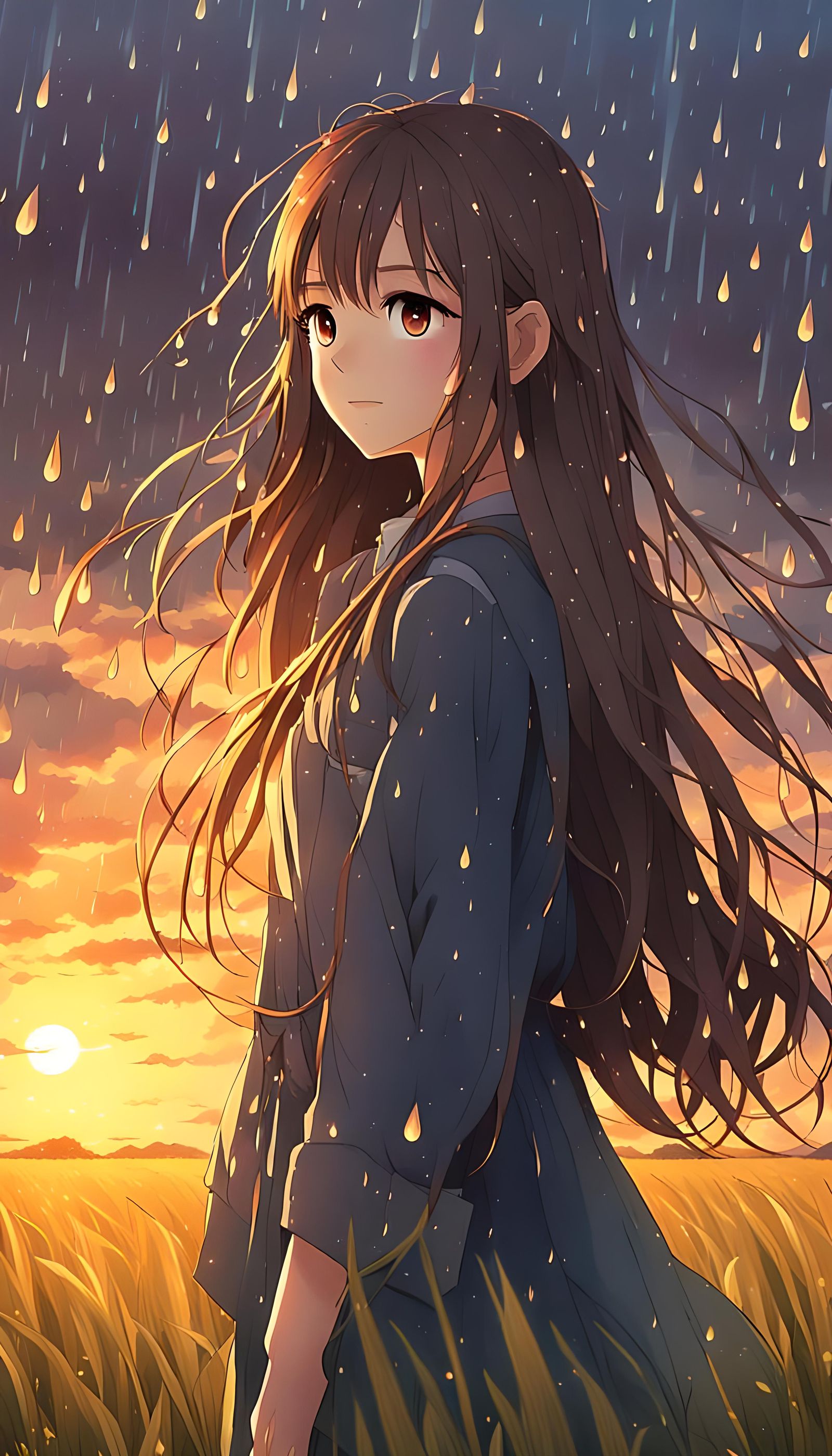 Anime Girl in Field at Sunset Shower