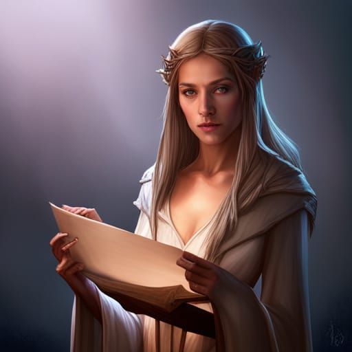 Elvish Woman Reading Scroll: Detailed Fantasy Portrait