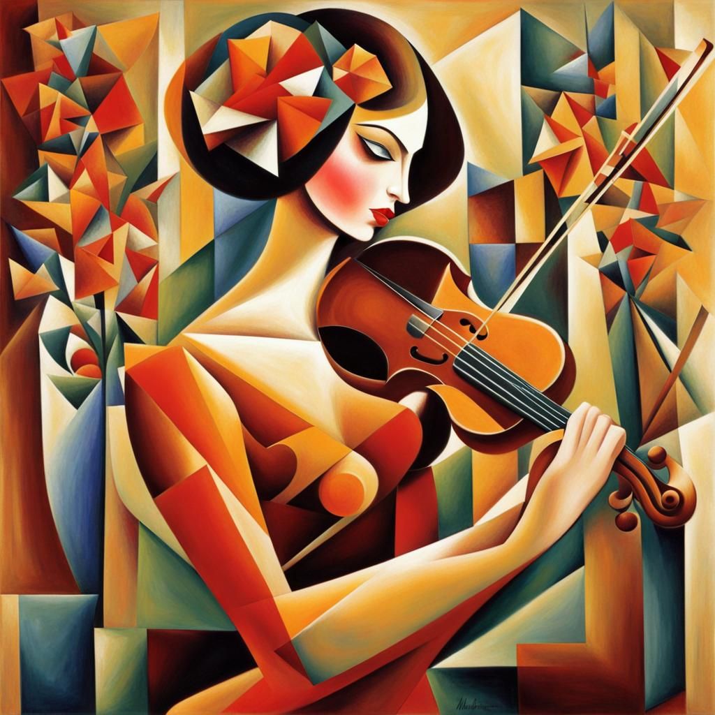 Abstract Cubist Woman Playing Violin with Flowers