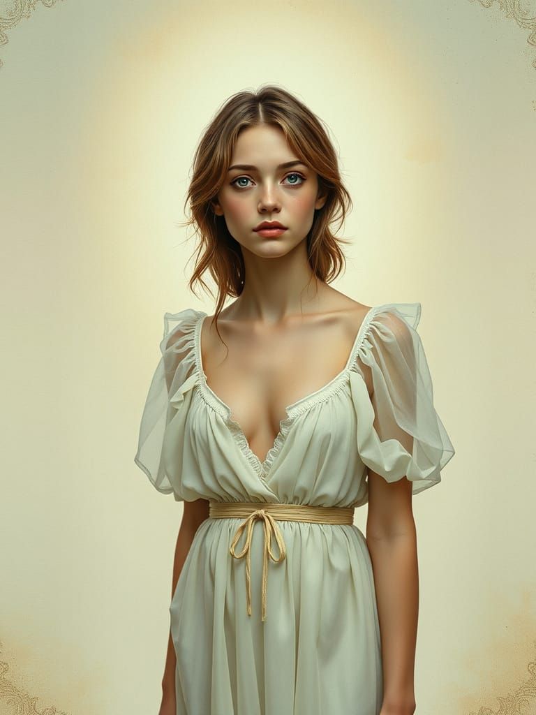 Sad Woman in White Dress, Art Nouveau Style