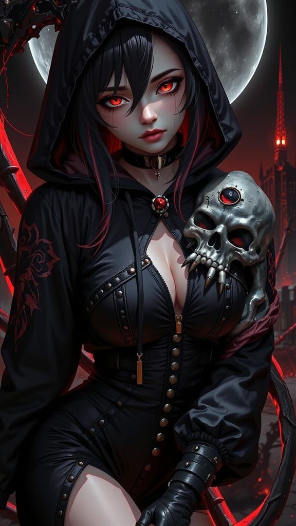 Gothic Waifu with Scythe in Anime Style