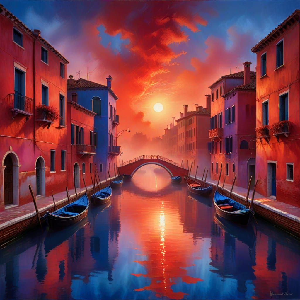 Venetian Canal in Vibrant Crimson and Cobalt Mists