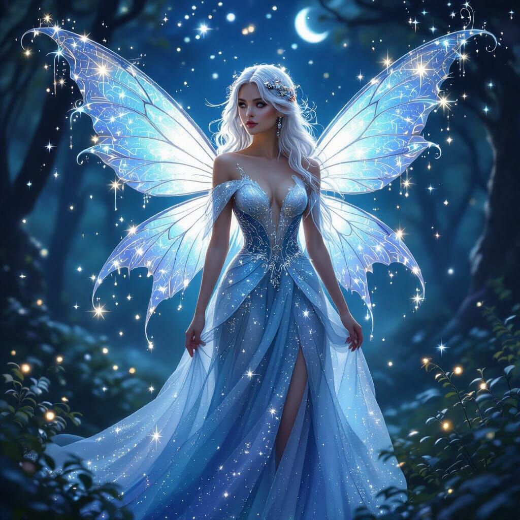 Celestial Fairy in Enchanted Forest with Starry Sky