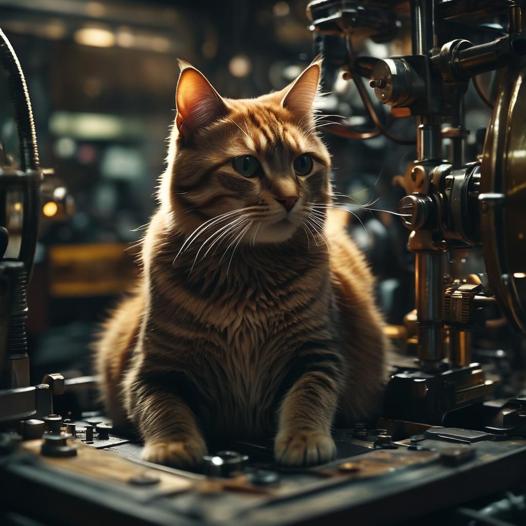 Cinematic Cat on Machine in Moody Lighting