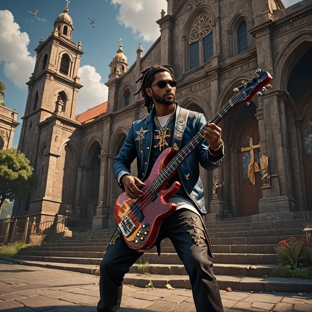 Puerto Rican Man Playing Bass Guitar