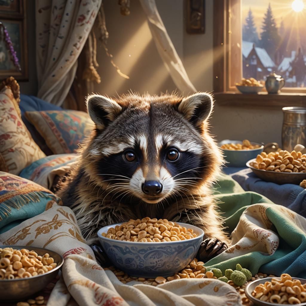Raccoon Relaxing in Bed with Cereal, Fantasy Realism