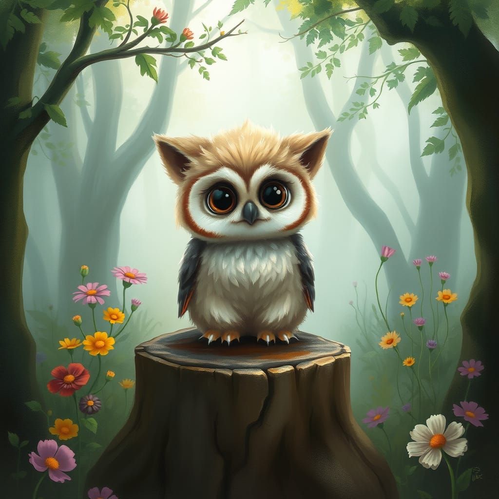 Whimsical Owl Dog in Dreamlike Forest