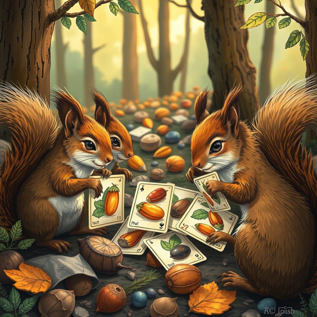 Squirrels Trading Nut Cards in Whimsical Style