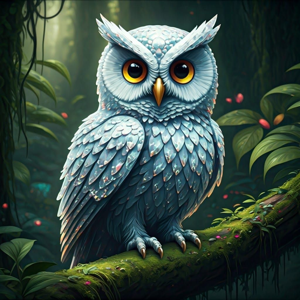 Crystal Owl Amidst Vibrant Emerald Forest