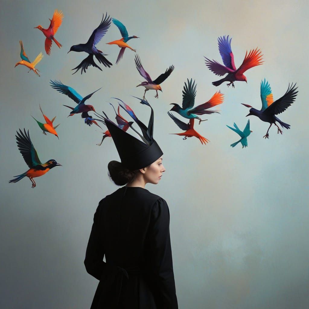 Vibrant Birds Dance Around a Whimsical Jester Silhouette