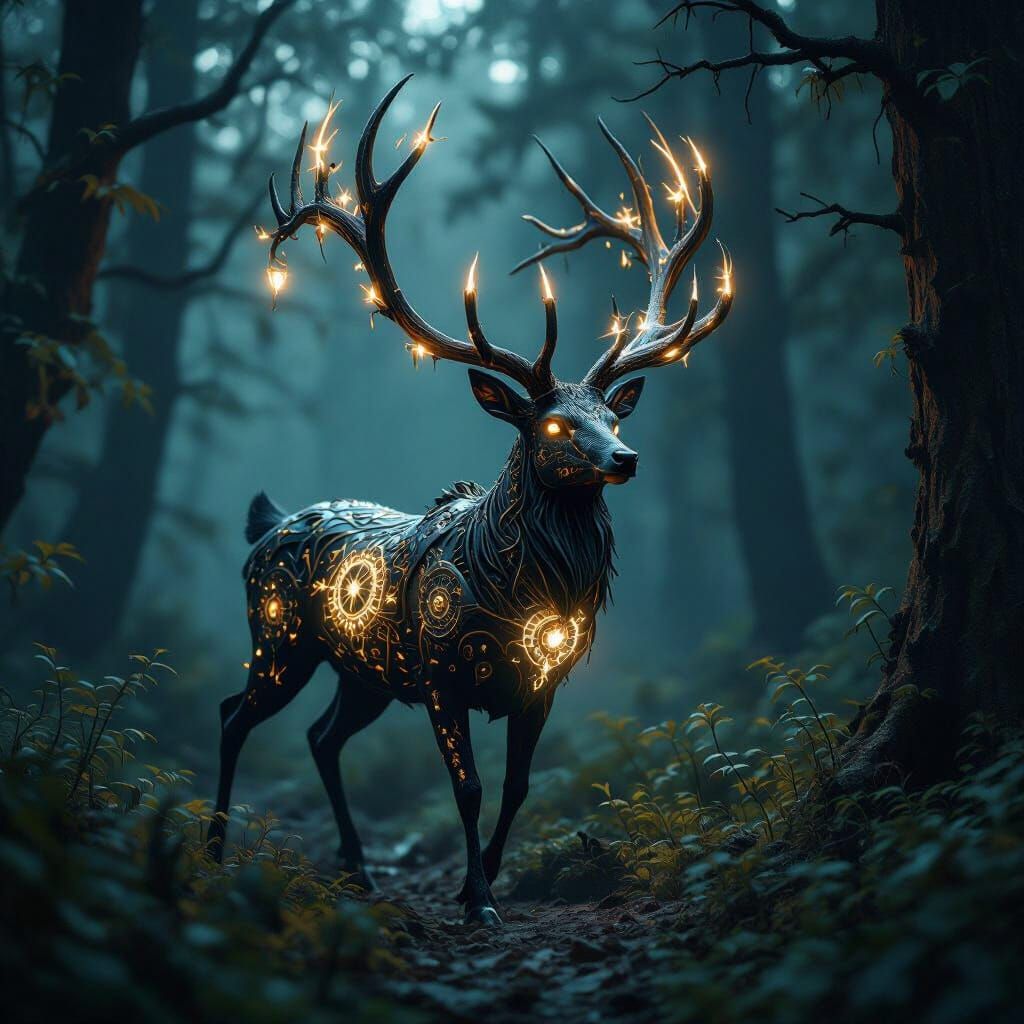 Intricate Clockwork Stag in Enchanted Forest