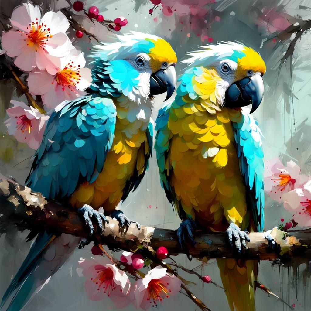 Parrots on Cherry Blossom Branch: Romantic Realism