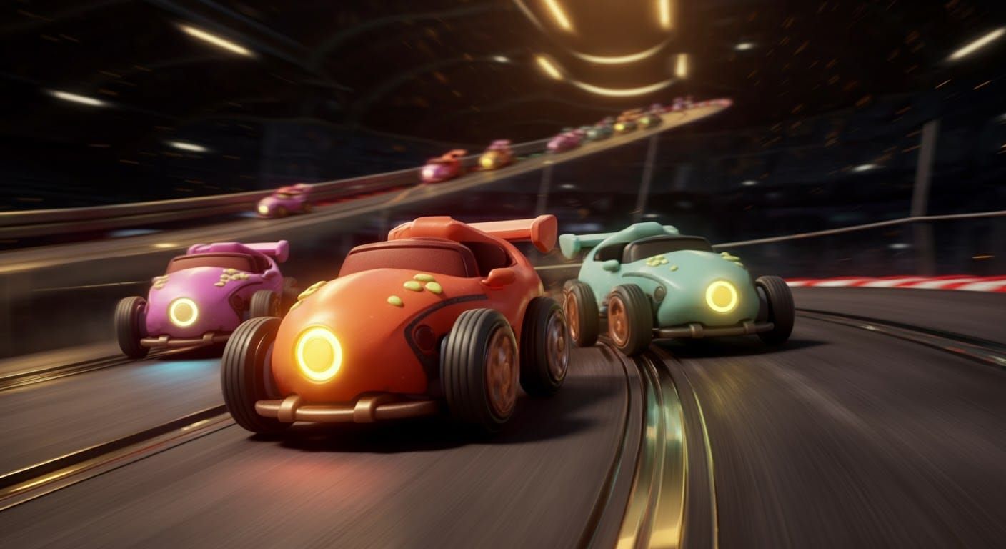 Cupcake Cars Race on Toy Track, Pixar Style