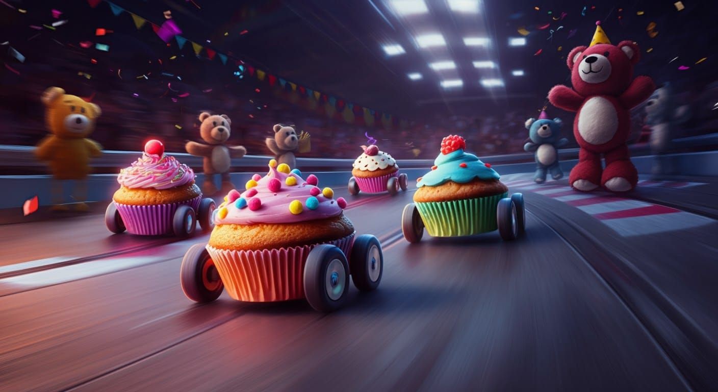 Cupcake Cars Race on Toy Track, Dynamic Lighting