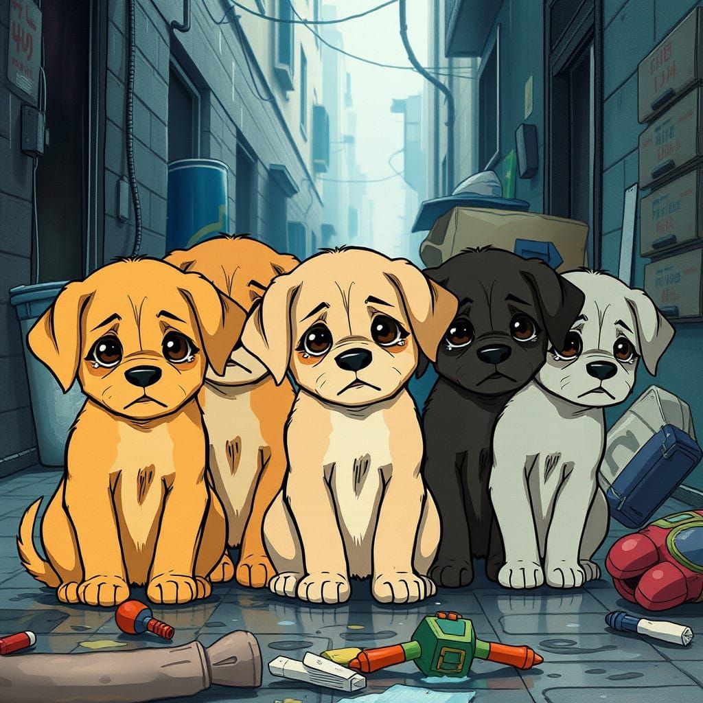 Melancholic Watercolor Puppies in a Rainy Alleyway