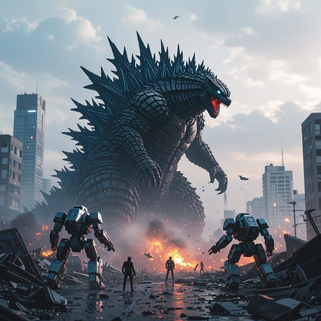 Godzilla Destroys City in Futuristic Sci-Fi Scene
