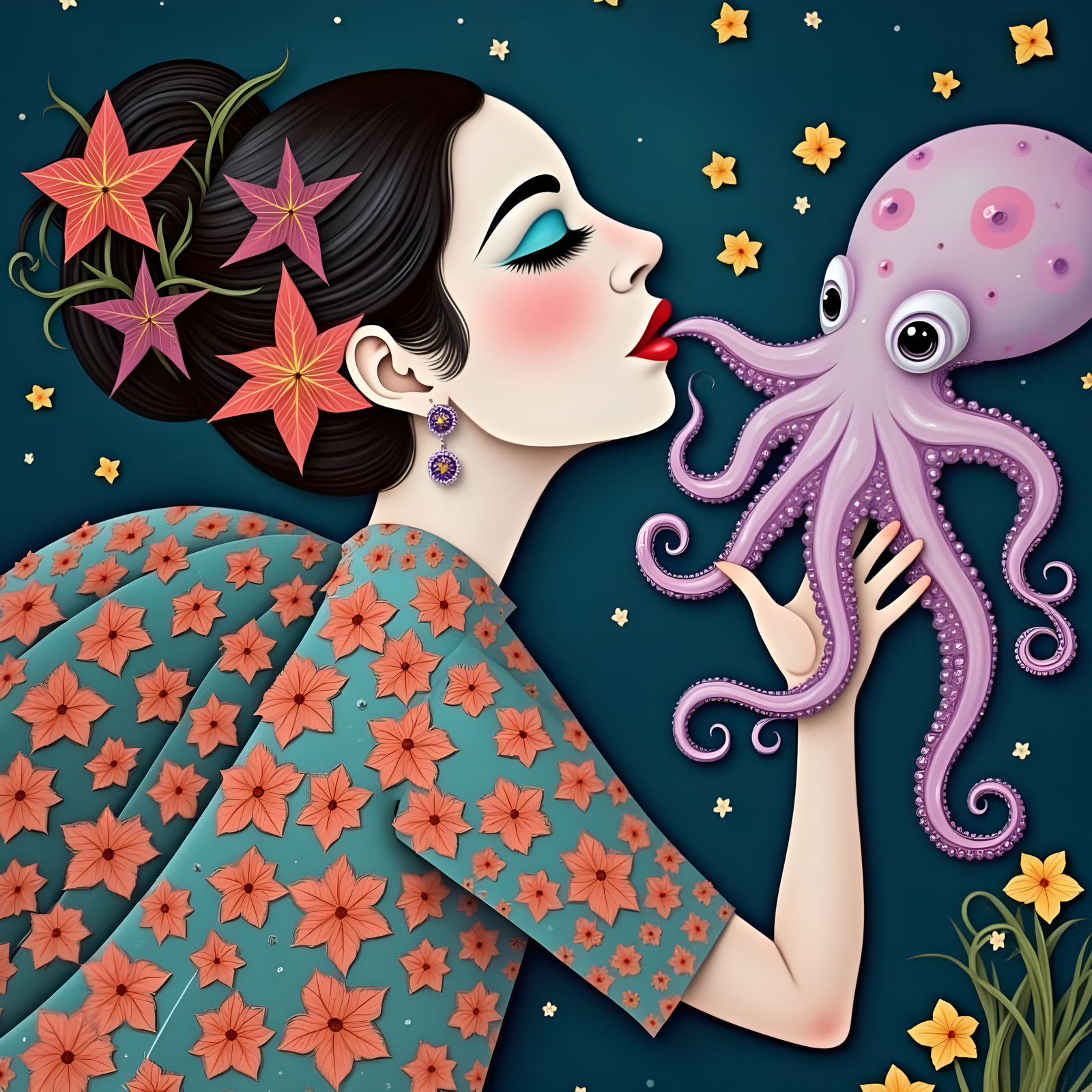 Klimt-Inspired Woman Kissing Octopus Tentacles