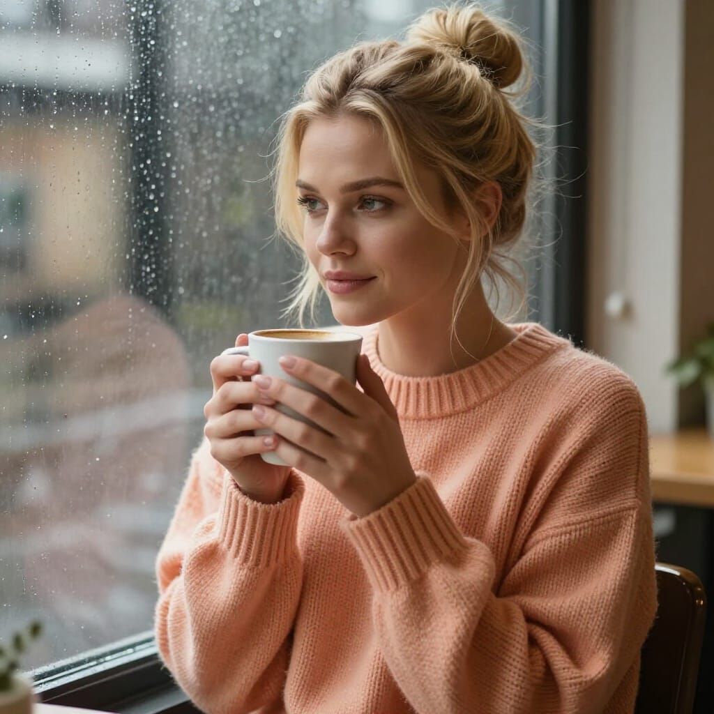 Cozy Woman in Sweater by Rainy Window