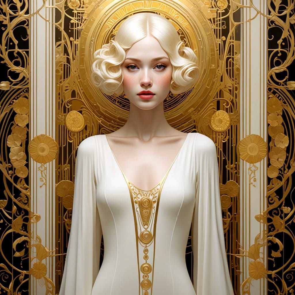 Ethereal Cream and Gold Portrait in Art Nouveau Style