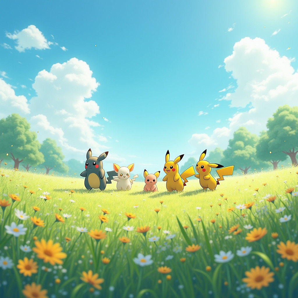 Pokémon Frolic in Sun-Drenched Field