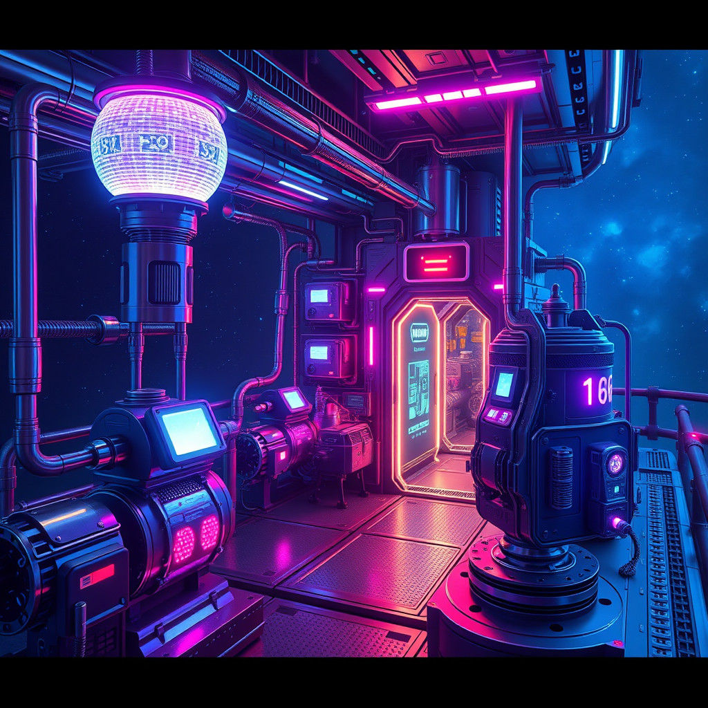 Neon-Lit Alien Spaceship Docking Station in High-Tech Style