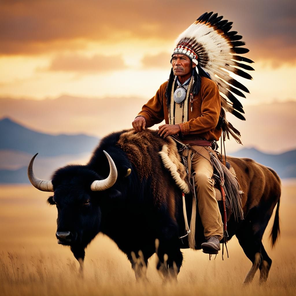 Native American Brave Riding Buffalo Portrait