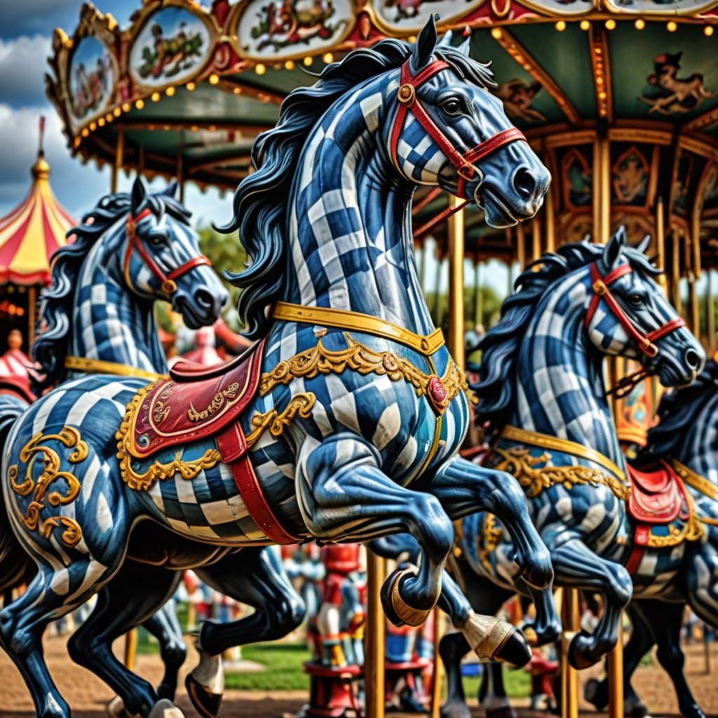 Vibrant Gingham Creatures in a Whimsical Horse Racing Scene