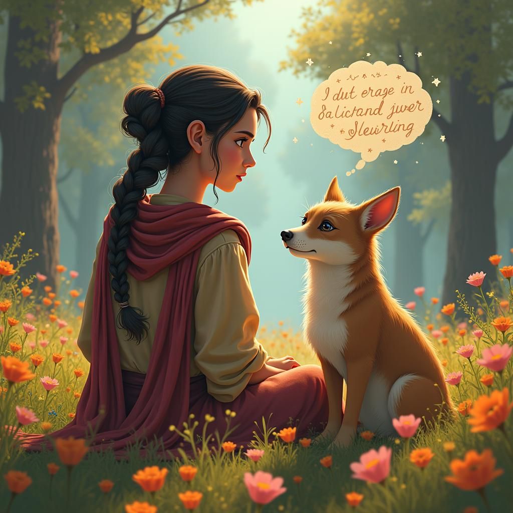 Puzzled Aliza with Thought Bubble in Magical Meadow