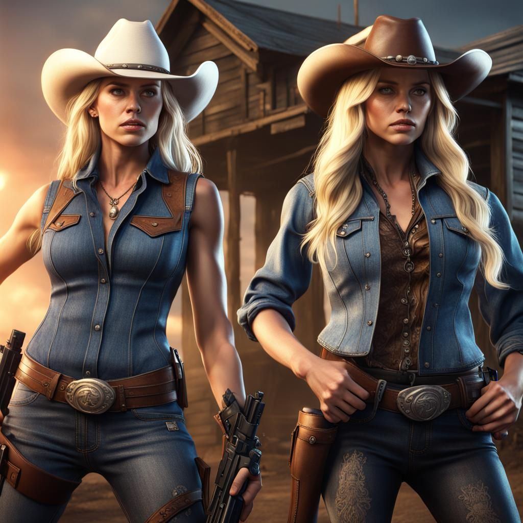 Blonde Cowgirls with Guns: Detailed Matte Painting