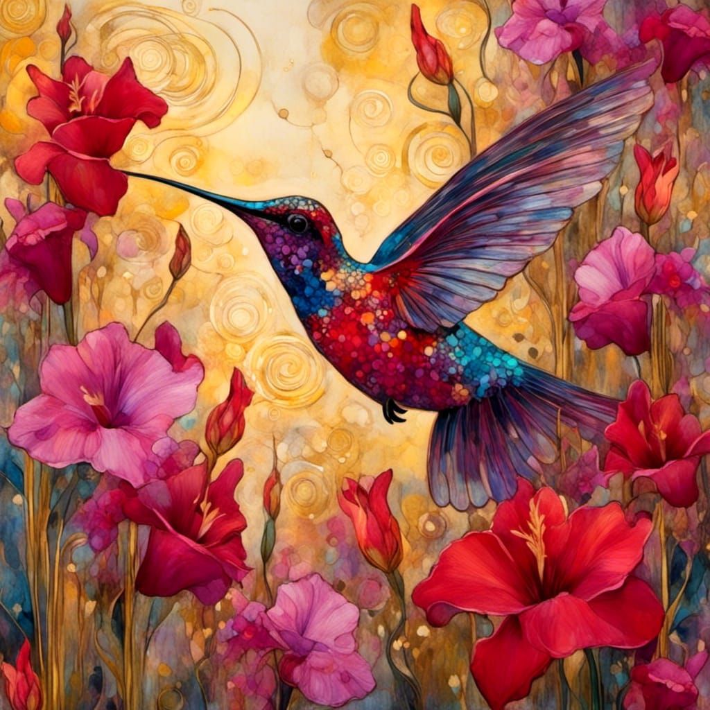 hummingbird at the gladiolas in red, pink and yellow