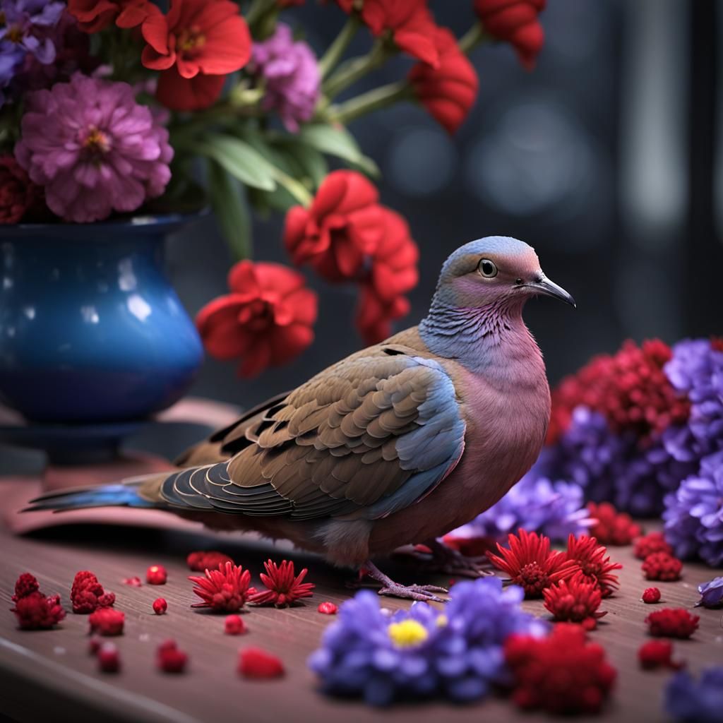 Colorful Mourning Dove with Flowers: Hyper-Realistic Photogr...