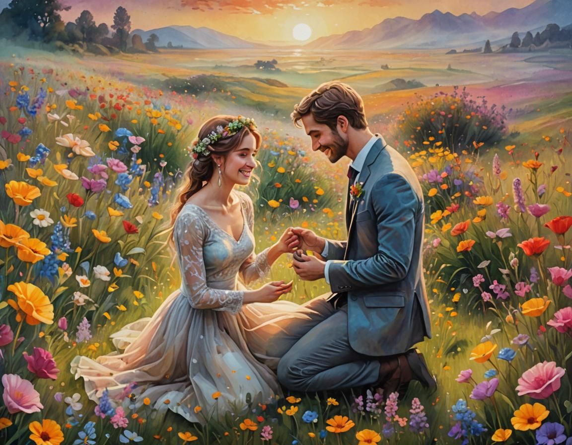 Romantic Proposal in Flower Field: Watercolor Vaporwave Art