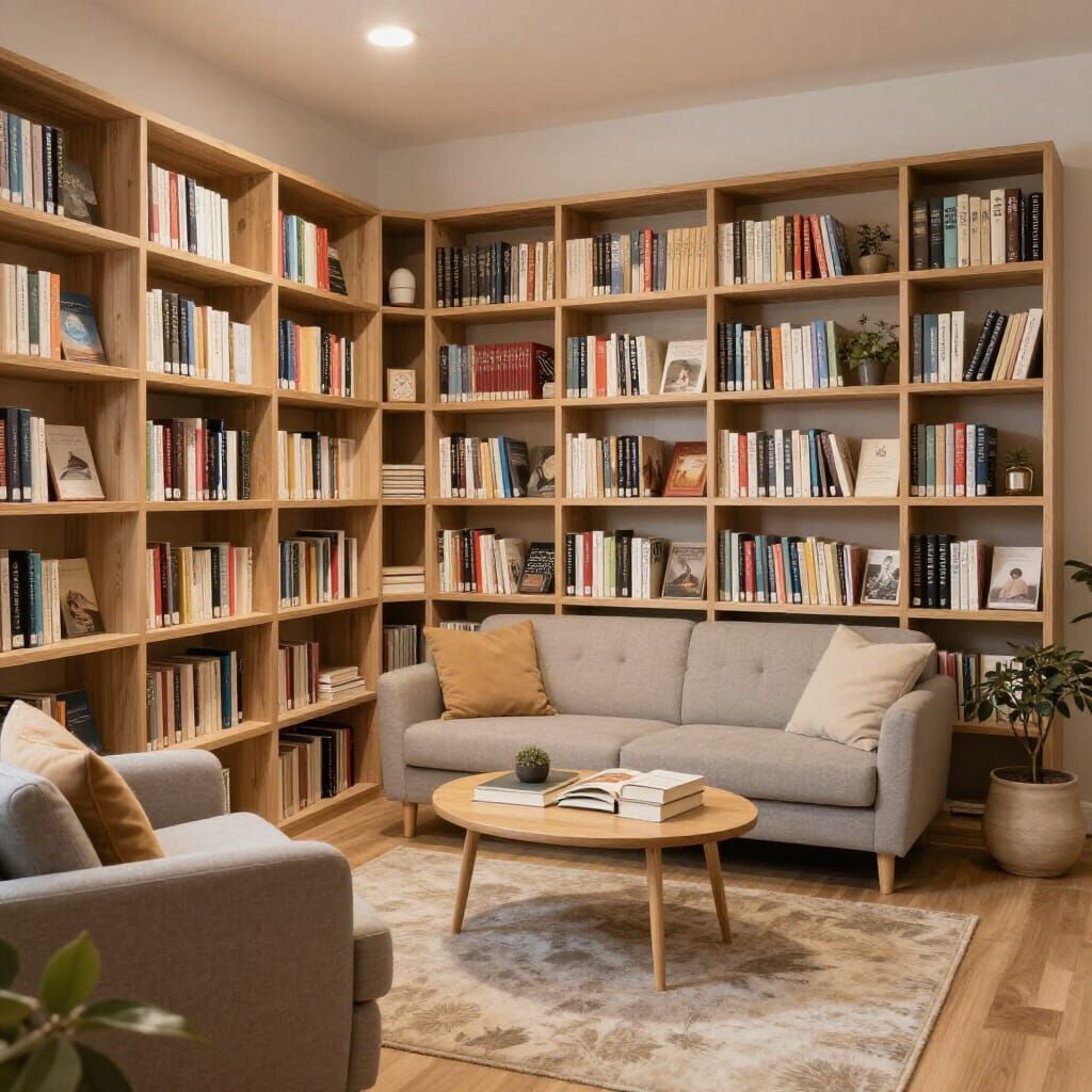 Cozy Reading Nook with Books, Seating, and Warm Light