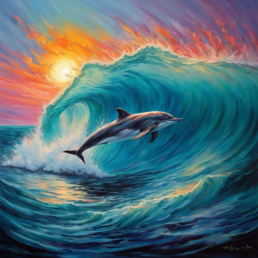 Vibrant Sunset Dolphin Rides Turquoise Wave in Detailed Impr...