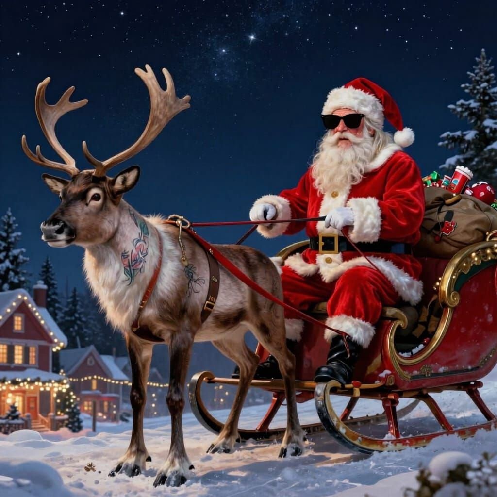 Tattooed Santa Resembles Billy Gibbons in Snowy Sleigh