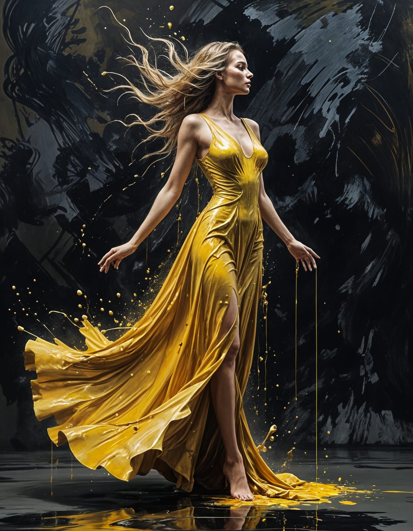 Surrealist Painting of Woman in Flowing Golden Dress