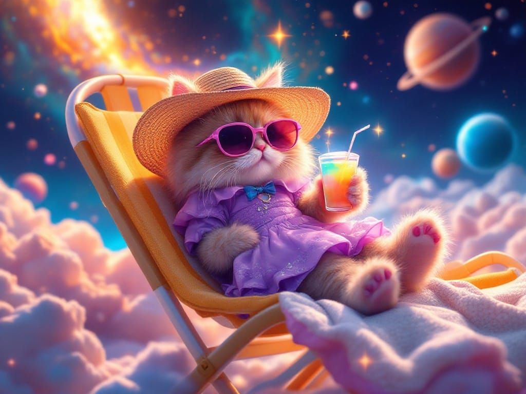 Cute Feline Basks in Intergalactic Bliss