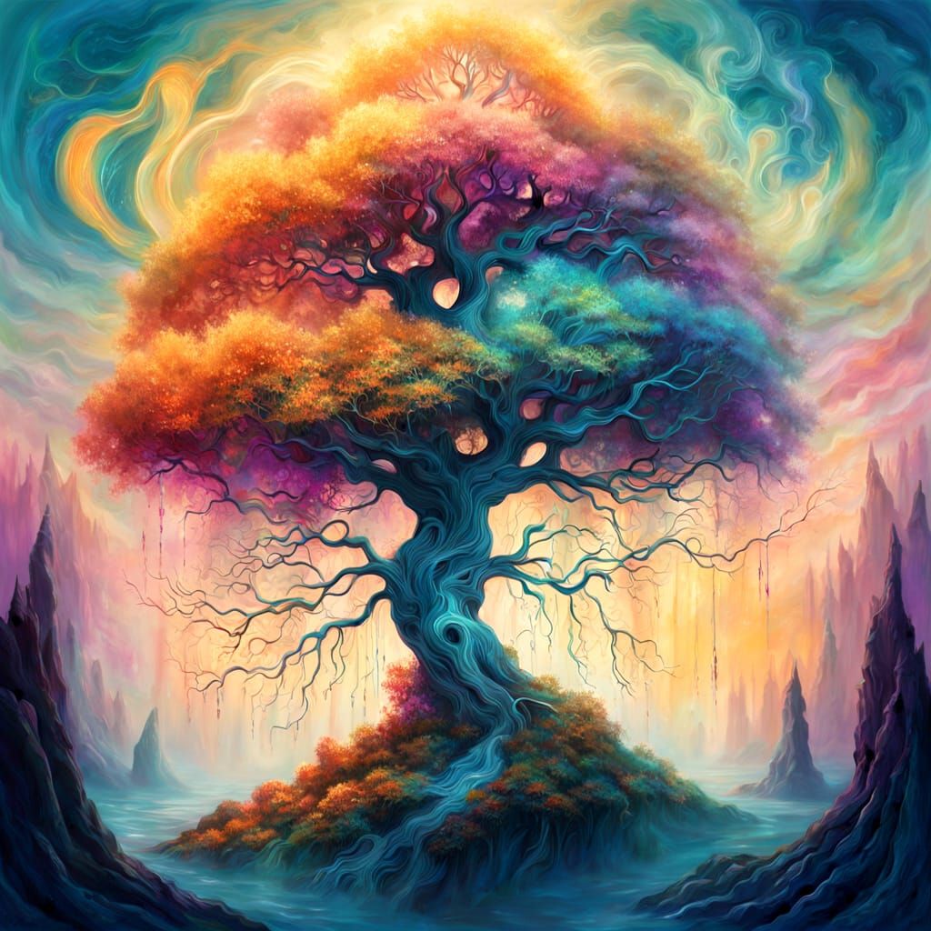 Surreal Impasto Painting of the Tree of Life in a Whimsical ...