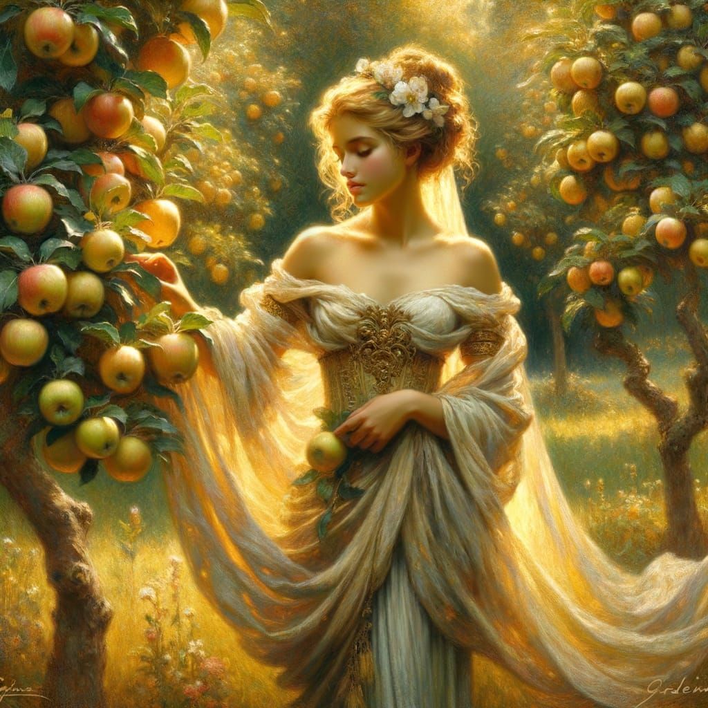 Regal Goddess Amidst Golden Apples in Dappled Sunlight
