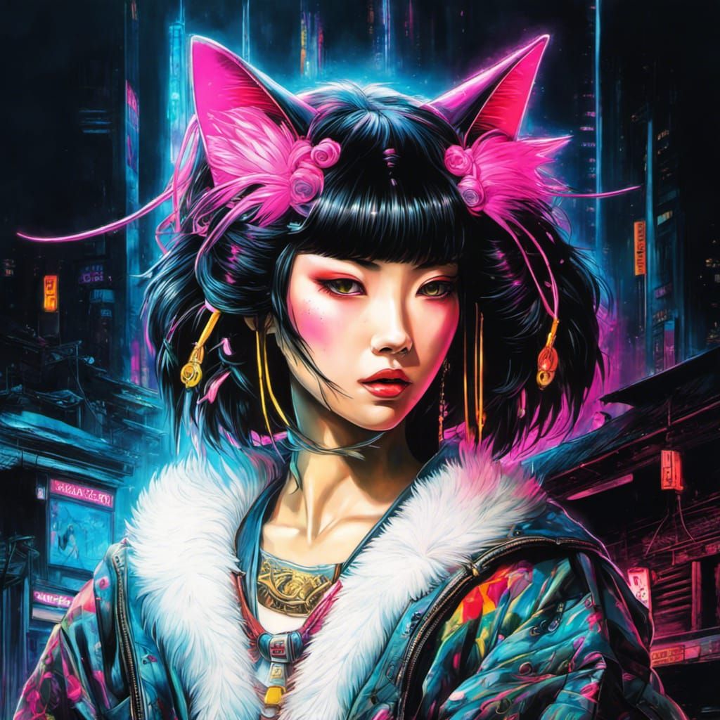 Cyberpunk Neko Yokai in Neon Graffiti Style