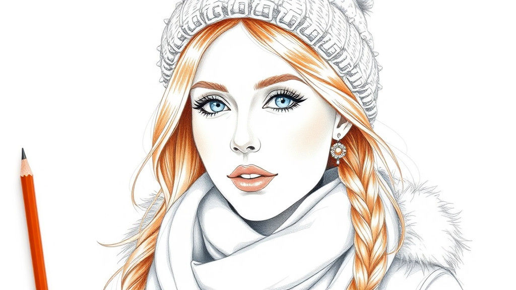 Elegant Pencil Sketch of Redhead in Winter Fashion
