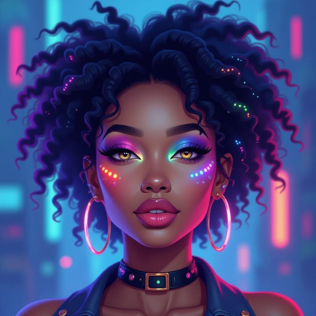 Cyberpunk Woman with Glowing Hair and Neon Face Paint