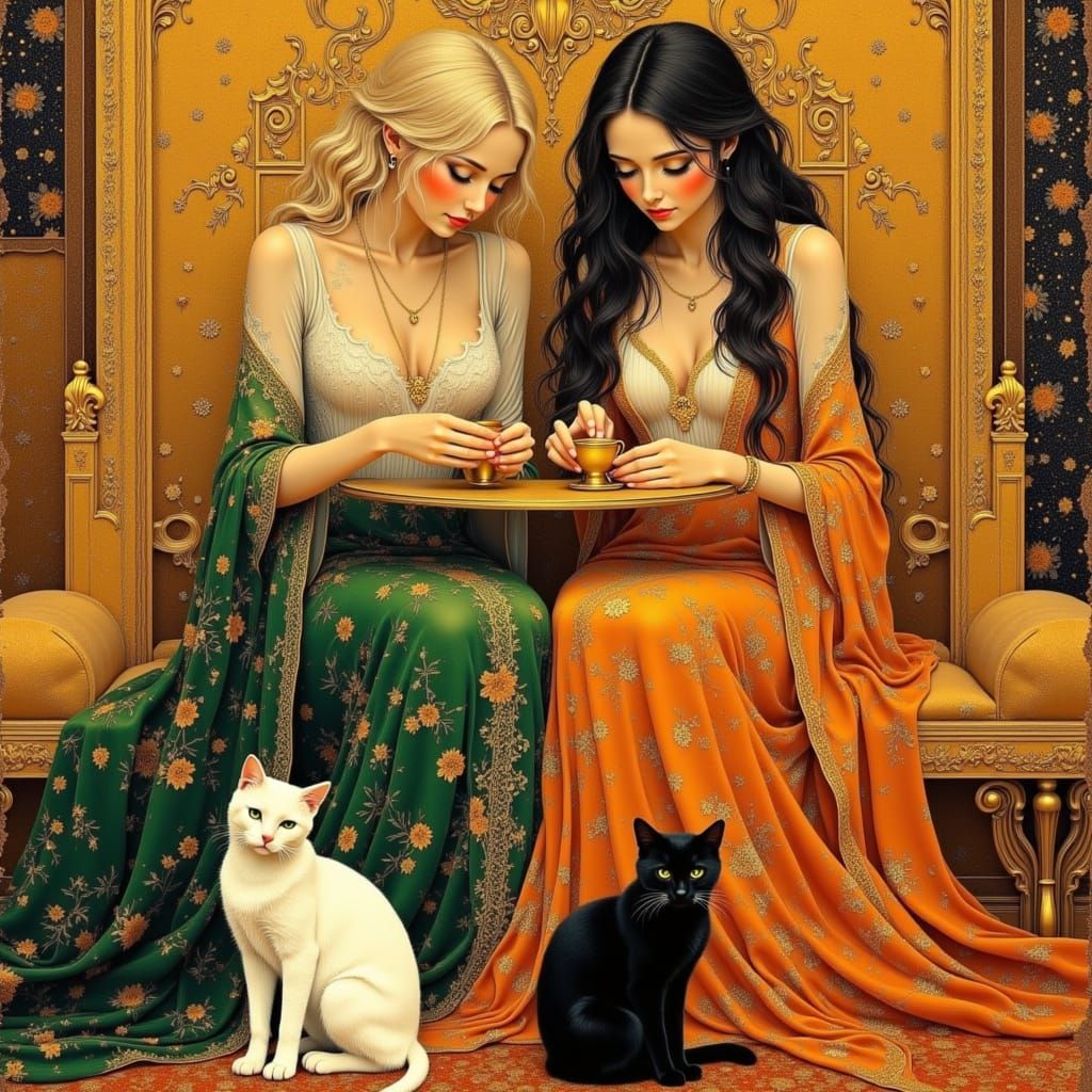 Kriemhild and Brunhilde Sewing in Klimt Style