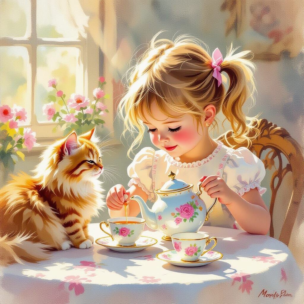 Girl's Tea Party With Cat, Vintage Watercolor & Impasto Styl...